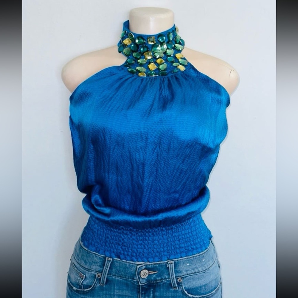 BEBE Elegant Blue Halter Top with Embellished Neckline